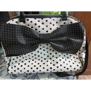 Betsey Johnson Polka Dot Satchel Bag with Large Studded Bow Black White Gold